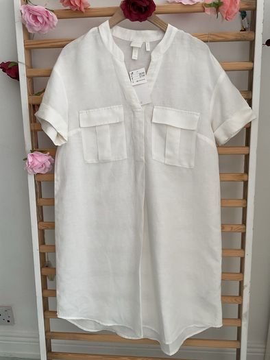 dress bnwt H&M white linen dress oversized uk 6 fit 8/10 shirt dress
