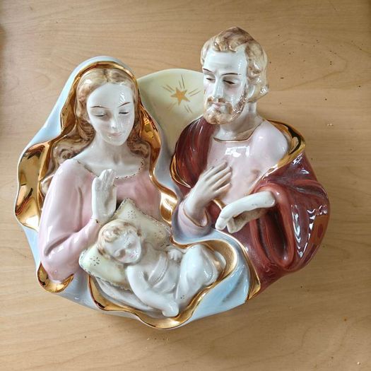 Pair of  glazed, gilt, porcelain Holy Family, infant Jesus Italian wall plaques, devotional item,