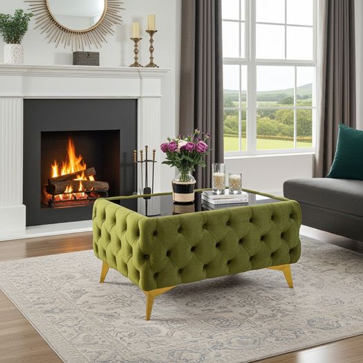 Chester Lux Coffee Table Velvet Rectangle 83x63x45cm with Glass