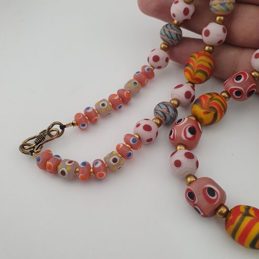 Antique Venetian Style Mix Eyes & Feather Desgin Glass Beads Necklace