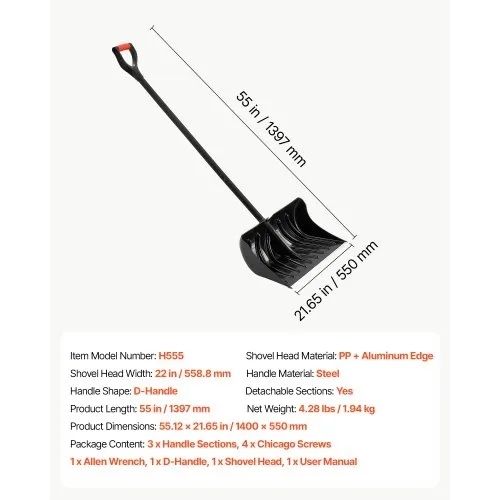 Snow Shovel for Driveway 558.8 mm Plastic Shovel with D-Grip Handle, for Home Garden Camping Outdoor Use, Aluminum Strip, Large Capacity Lightweight Snow Removal Tool with Extended Steel Handle