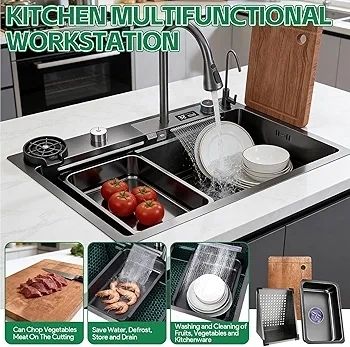 Drop-in Waterfall Sink Workstation with Faucet Combo and Cup Washer, 26.7" x 17.6" x 7.9" Stainless Steel Waterfall Bowl, Modern Smart Undermount Kitchen Unit, for Household Use, Gun Grey