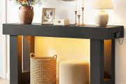 Console Table with Outlets &amp; Motion Sensor LED, 120cm Narrow Behind Couch Sofa Table with USB Ports, Modern Hallway Entryway Table with Storage Space for Entrance Hall, Living Room, Black
