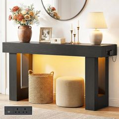 Console Table with Outlets & Motion Sensor LED, 120cm Narrow Behind Couch Sofa Table with USB Ports, Modern Hallway Entryway Table with Storage Space for Entrance Hall, Living Room, Black