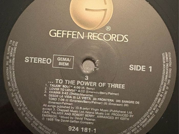 3 - To the Power of Three. Album with promo sticker by the progressive pop rock super-group formed by ELP members Keith Emerson and Carl Palmer, with the addition of Robert Berry. Great condition. BARGAIN!