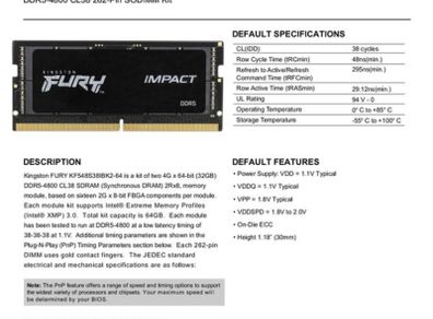 Kingston Fury Impact RAM 64GB (2x32GB) 4800MT/s DDR5 SODIMM Gaming
