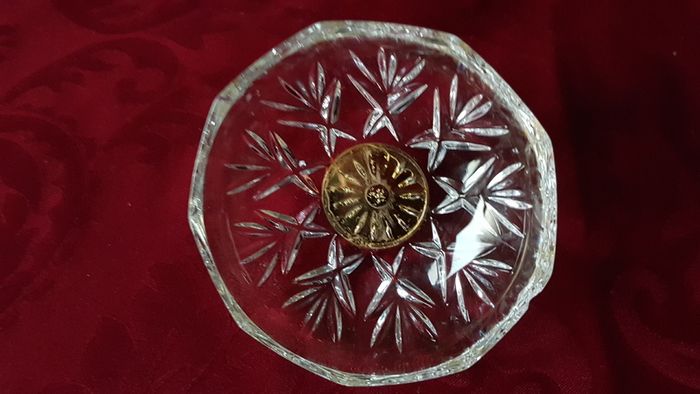 Killarney Crystal Cut Crystal Glass Happy Anniversary Lidded Jewelry Dish / Bowl With 22 Carat Gold Cover Handle and Footed Base Finishing Made In Ireland