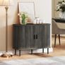 Mid-Century Modern Sideboard Storage Cabinet with Slatted Tambour Sliding Doors, Kitchen Cabinet with Steel Legs, Grey Image 2