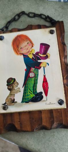 CONSTANCE - EDITIONS ceramic photo  fitted on wooden plaque vintage 1960s or 1970s -Big Eyes- style  wall featuring a whimsical hobo child illustration signed by the artist. produced in Italy during the retro decor .