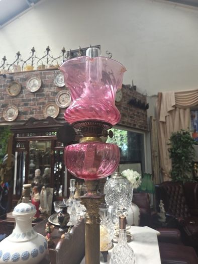 Elegant Victorian Cranberry Glass & Brass Banquet Oil Lamp