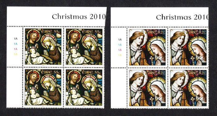 2010 Ireland Christmas Commemorative Stamps Plate Block 1A1A1A1A Mint Never Hinged (MNH)