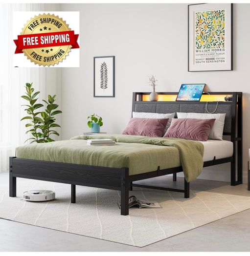 Double Bed Frame, 4FT6 Bed Frame Ergonomics Double with Charging Station and LED Lights, Heavy Duty Platform Full Bed with Fabric Storage Sloped Headboard, No Box Spring Needed, (Black)