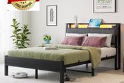 Double Bed Frame, 4FT6 Bed Frame Ergonomics Double with Charging Station and LED Lights, Heavy Duty Platform Full Bed with Fabric Storage Sloped Headboard, No Box Spring Needed, (Black)