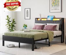 Double Bed Frame, 4FT6 Bed Frame Ergonomics Double with Charging Station and LED Lights, Heavy Duty Platform Full Bed with Fabric Storage Sloped Headboard, No Box Spring Needed, (Black)