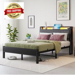 Double Bed Frame, 4FT6 Bed Frame Ergonomics Double with Charging Station and LED Lights, Heavy Duty Platform Full Bed with Fabric Storage Sloped Headboard, No Box Spring Needed, (Black)