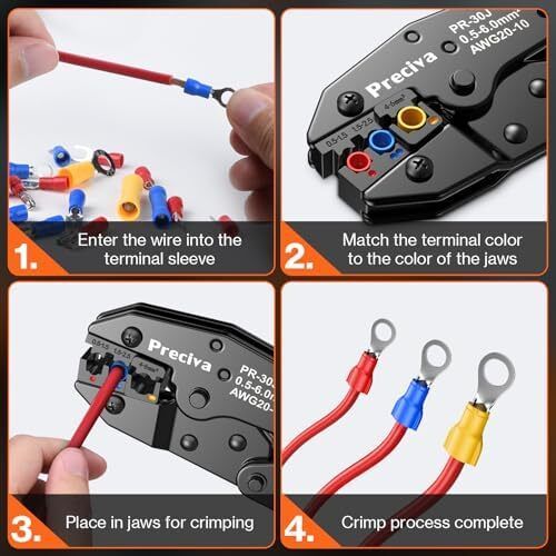 Insulated Wire Terminal Crimp Tool Kit,0.5-1.5/1.5-2.5/4-6mm (A.W.G.20-10) Preciva Ratchet Crimping Plier with 425PCS Connectors,Ratchet Crimp Plier Set with Portable Box