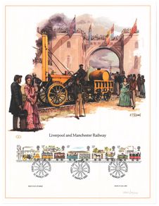 1980 Great Britain Limited Edition Lithographed Print measuring 333mm X 257mm showing Liverpool and Manchester Railway Commemorative stamps with First Day of Issue Cancel