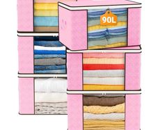90L Large Capacity Clothes Storage Bags with Zips, Storage Boxes with Lids, Reinforced Handle, Foldable, Thick Fabric, for Comforters, Clothes, Blankets, Bedding, 6 Pack, Pink