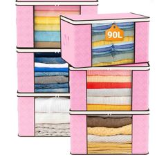 90L Large Capacity Clothes Storage Bags with Zips, Storage Boxes with Lids, Reinforced Handle, Foldable, Thick Fabric, for Comforters, Clothes, Blankets, Bedding, 6 Pack, Pink