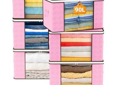 90L Large Capacity Clothes Storage Bags with Zips, Storage Boxes with Lids, Reinforced Handle, Foldable, Thick Fabric, for Comforters, Clothes, Blankets, Bedding, 6 Pack, Pink