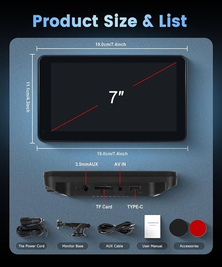 Wireless Carplay Screen Portable Car Stereo Android Auto Screen, Rimoody 7 Inch Touch Screen Portable Car play Bluetooth FM Transmitter Mirror Link Voice control AUX Cable