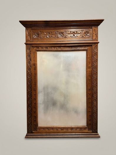 Late 19th Century Belgian Gothic Carved Oak Beveled Mirror