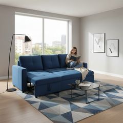 Blue Corner Sofa Bed Storage,215cm