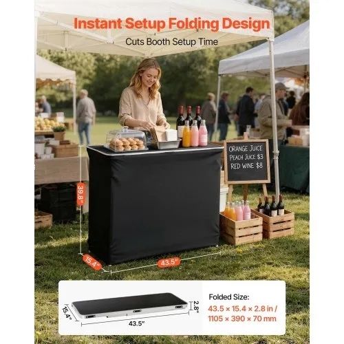 Folding Portable Bar Table, 1105 x 390 x 1010 mm, with Carry Bag, 2 Storage Shelves, and Detachable Skirt, Quick and Easy Setup, Foldable Mobile Bartending Station for Events, Party, Tradeshow