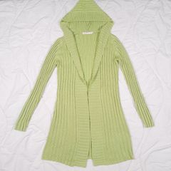 Ichi Lime Green Hooded Ribbed Knit Open Front Cardigan Size M