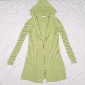 Ichi Lime Green Hooded Ribbed Knit Open Front Cardigan Size M