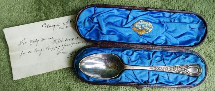 Antique Sterling Silver Christening Spoon by James Crichton & Sons of Glasgow, presented in its Original Velvet-lined Box. with original handwritten note from Glasgow dated October 4, 1886.