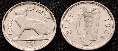[#1253] - Ireland 1964 | 3 Pence | Irish 3d | Hare | KM.12a