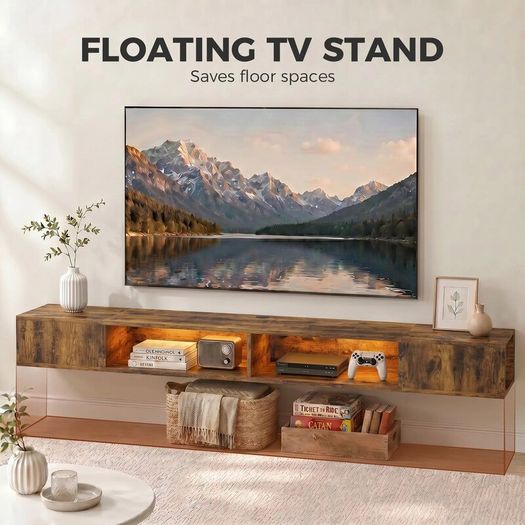Floating industrial Wall Mounted TV Stand with RGB LED Lights