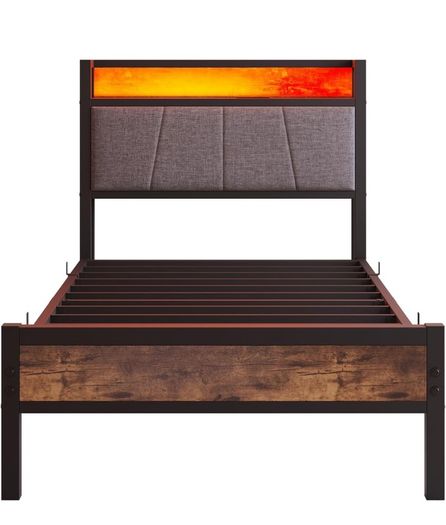 single LED Lights,Metal Upholstered Platform Bed Frame with Charging