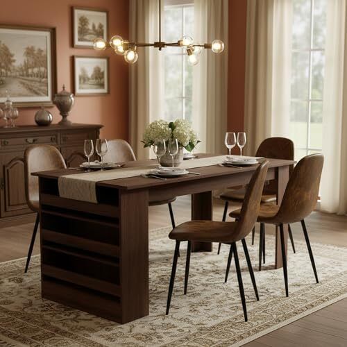 Set of 6, Upholstered Kitchen & Dining Room Chairs with Comfortable Padded Seat (Faux Suede, Brown)