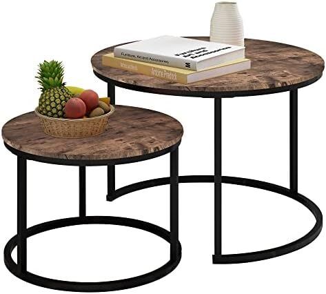 Round Coffee Table, Set of 2 Side Table Nesting Table with Steel Frame and Wooden Top, for Living Room, Bedroom, Balcony, (Rustic Brown/Black, Dia 60/40cm)