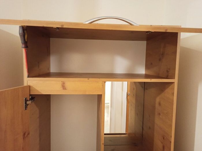 Pine finish Combination wardrobe with hanging  space, closed & open shelving, mirror, 3 lower drawers