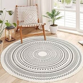 FREE P&P Round Rug Bohemian 4ft Circle Area Rug Cotton Rugs with Geometric Pattern Printed Hand Woven Circle Carpet with Tassels Indoor Floor Mat for Home Kitchen Living Room Bedroom