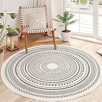 FREE P&P Round Rug Bohemian 4ft Circle Area Rug Cotton Rugs with Geometric Pattern Printed Hand Woven Circle Carpet with Tassels Indoor Floor Mat for Home Kitchen Living Room Bedroom