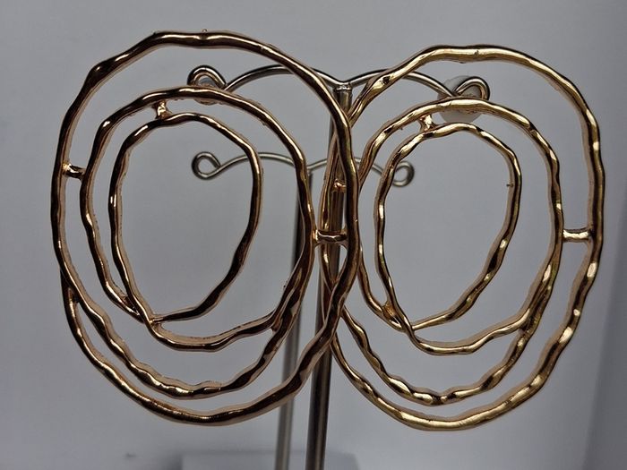 Gold Organic Abstract Concentric Oval Textured Hoop Earrings