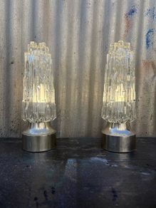 Retro Vintage mid-century 1960s Set of 2 Rocky Ice Glass Dome Table Lamps, Chrome Base, German Mid-Century