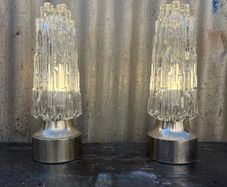 Retro Vintage mid-century 1960s Set of 2 Rocky Ice Glass Dome Table Lamps, Chrome Base, German Mid-Century