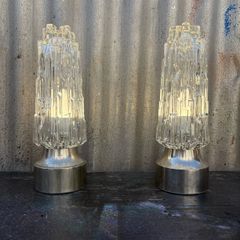 Retro Vintage mid-century 1960s Set of 2 Rocky Ice Glass Dome Table Lamps, Chrome Base, German Mid-Century