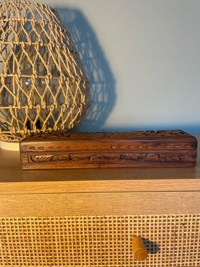 Vintage Asian Hand Carved Wooden Pencil Case