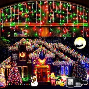 Icicle Lights Outdoor, 1216 LED 30m/98.5ft Christmas Lights Waterproof Fairy Lights Plug in String Lights with 8 Modes Clear Cable Holiday Lighting for Window/Garden/Party (Red & Green)