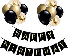 Happy Birthday Banner, Black Gold Party Decorations Happy Birthday Bunting Banners, 12 inch Happy Birthday Balloons Perfect for Birthday Party Decorations