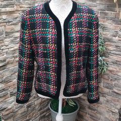vintage 80s Mondi multi colored plaid blazer with velvet trim