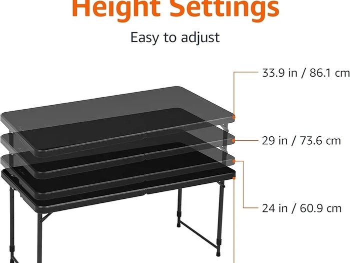 Basics 4-Foot Folding Table with Adjustable Height, Lightweight Portable Folding Tables for Indoor & Outdoor, Auto-Locking Legs, Carrying Handle, 121.4 x 60.7 x 86.1 cm, Black
