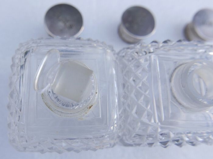 Victorian Sterling Silver Birmingham, Chester Hallmarked Antique Silver Lidded Cut Glass Dressing Table Set of Scent Bottles and Trinket Box