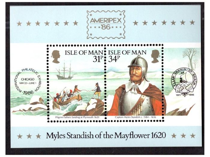 1986 Isle of Man Ameripex 86 Myles Standish of the Mayflower Commemorative Stamp Miniature Sheet Mint Never Hinged (MNH)